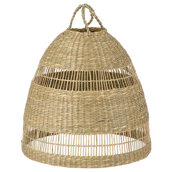 Natural seagrass pendant lamp, hand-woven, conical shape, warm light.