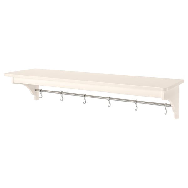 A TORNVIKEN white wall shelf with five metal hooks for hanging items, designed to save space and organise kitchen essentials.