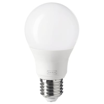Ikea TRÅDFRI smart led bulb, white, spherical shape, made of polycarbonate plastic.