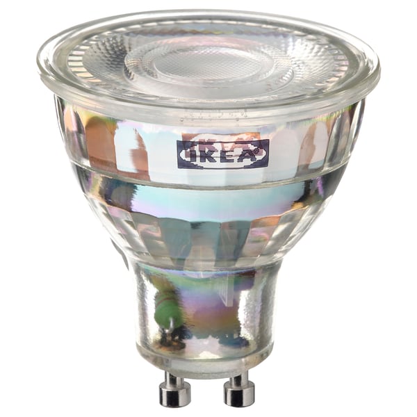 TRÅDFRI smart bulb, clear glass, round shape, iridescent finish, polycarbonate plastic cover.