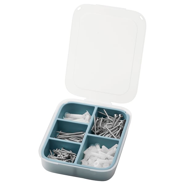 Open blue TRIXIG tool box with screws and plugs, dividers, transparent lid.