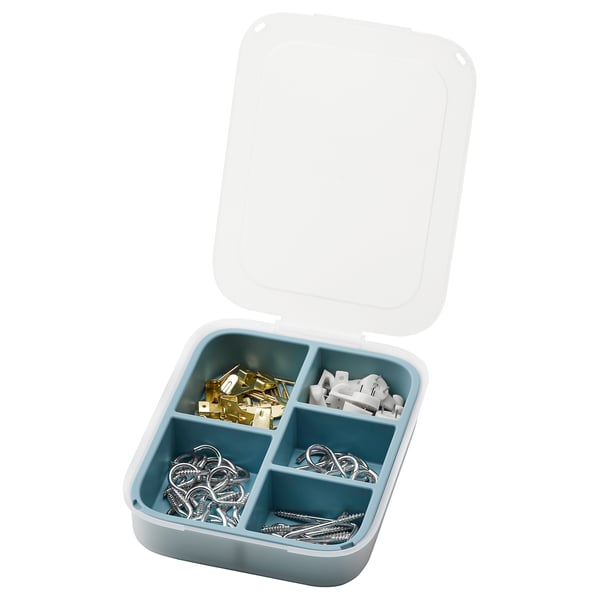 Open blue TRIXIG tool box with clear lid, holding metallic hooks and nails organised in four compartments.