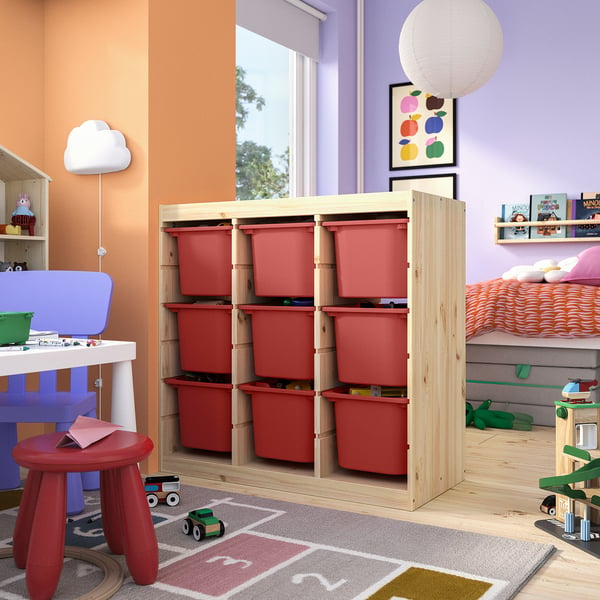 TROFAST Storage combination with boxes, room divider/light white stained pine red, 93x44x91 cm