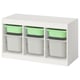 TROFAST white unit with four green/lidless bins, two with grey lids.