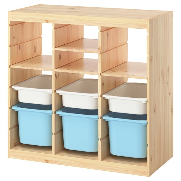 TROFAST Storage combination, with shelves/boxes room divider/light white stained pine light blue, 93x44x91 cm