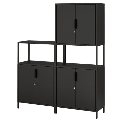 A TROTTEN black metal storage cabinet with adjustable shelves.