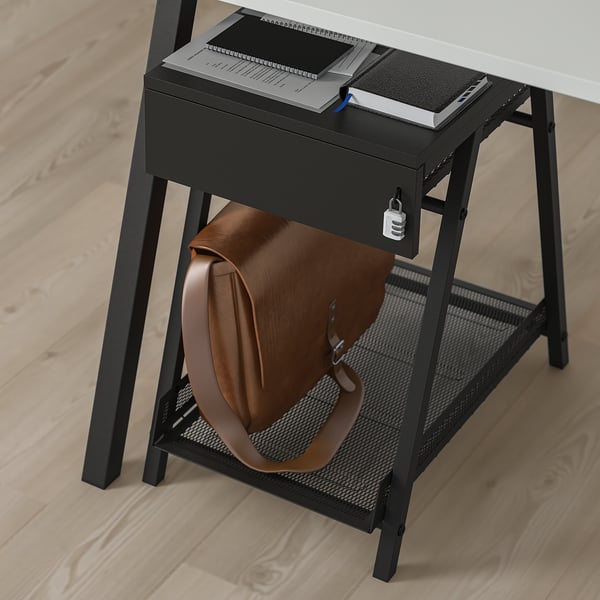 Desk with lockable drawer and bottom shelf for secure storage, ideal for personal items and larger belongings.