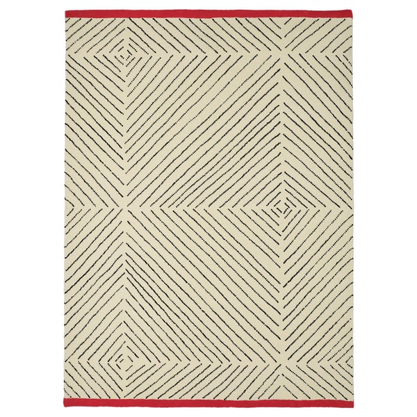 Undervising rug: off-white, diamonds, red edge, wool-cotton.