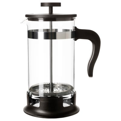 Black UPPHETTA cafetière coffee maker; glass, stainless steel, plastic; round, clear design.