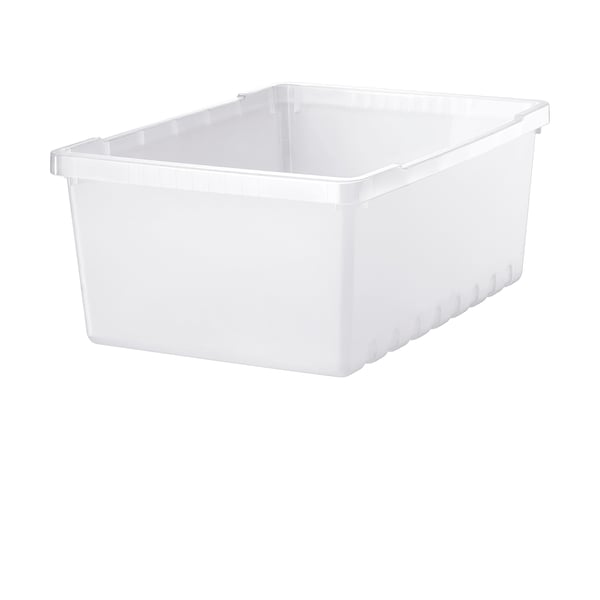 A white rectangular storage box made of plastic. It has no lid and is empty, ready for organising items.