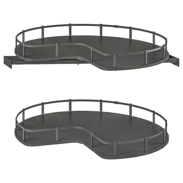 Two grey UTRUSTA rotating corner shelves, designed for corner base cabinets, featuring dark melamine trays with safety rails.