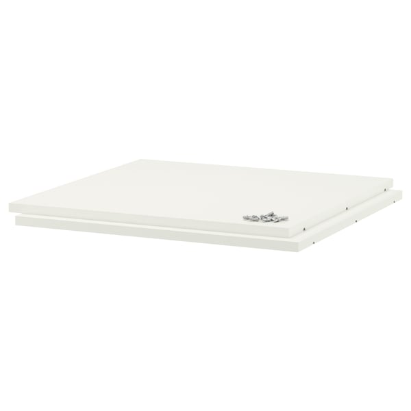 UTRUSTA white shelves, made of melamine, rectangular and sturdy, designed for easy cleaning and durability.