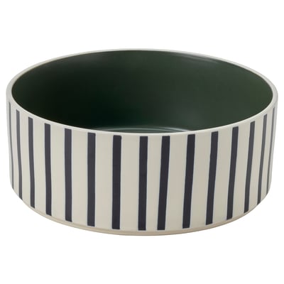 UTSÅDD striped pet bowl. White with dark stripes, green interior, round.