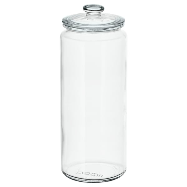 This is a clear VARDAGEN glass jar with a lid, perfect for storing and displaying homemade cookies. Its transparent design lets you easily see inside.