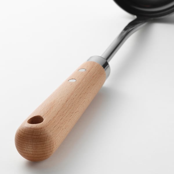Wooden-handled ladle, high-quality stainless steel, robust design, perfect for serving soup.