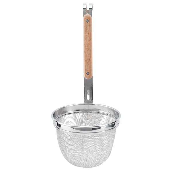VARDAGEN deep strainer with beechwood handle, stainless steel basket. Hangs for efficient cooking.