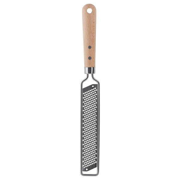 A VARDAGEN grater. It has a light wood handle and a stainless-steel grate. Designed for zesting citrus and grating cheese, it a handy hanging hole.
