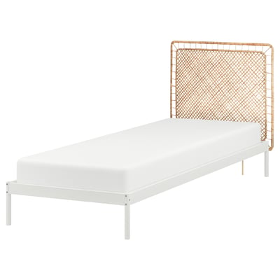 VEVELSTAD white bed frame, natural rattan headboard.
