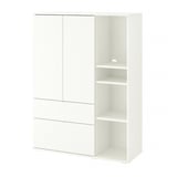 A white VIHALS storage unit featuring cabinet, drawers, and open shelves, combining concealed and open storage for a cohesive look.