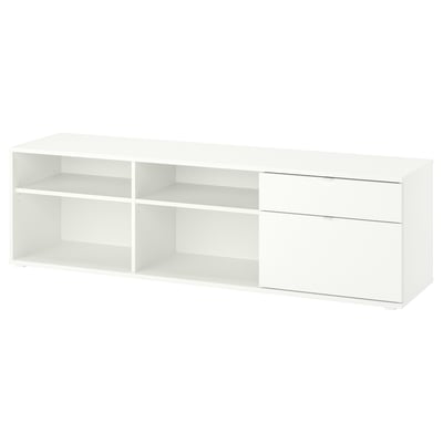 White minimalist tv bench with open shelves and 2 drawers, sleek design.