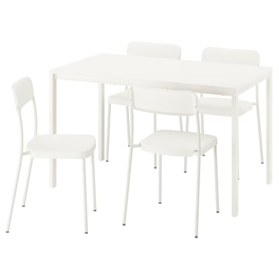 A white VIHALS dining set with a rectangular table and four stackable chairs.