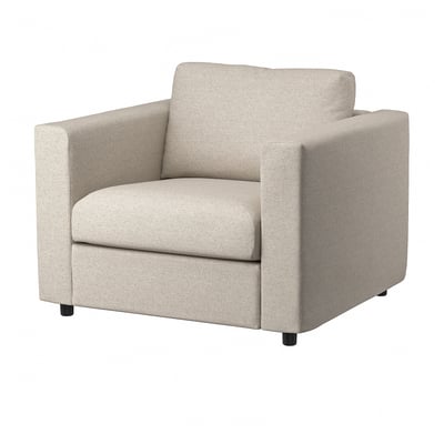Modern beige VIMLE armchair, soft fabric, square shape, minimalist design.