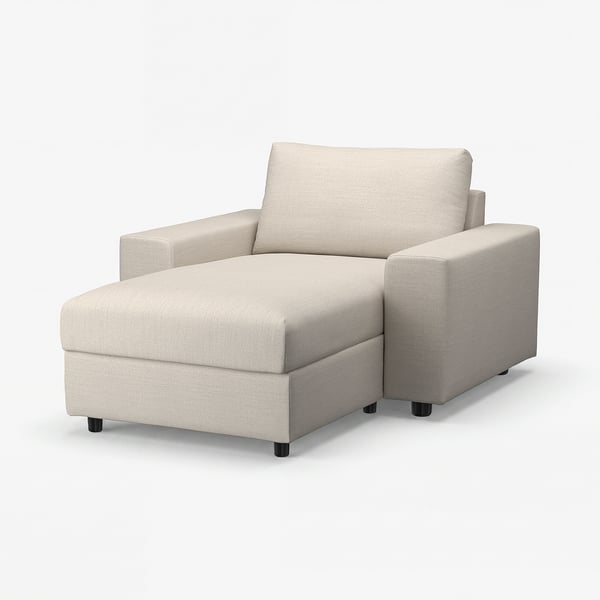 The VIMLE sofa is a beige, modular chaise with storage, made of fabric and wood, offering comfort and style.