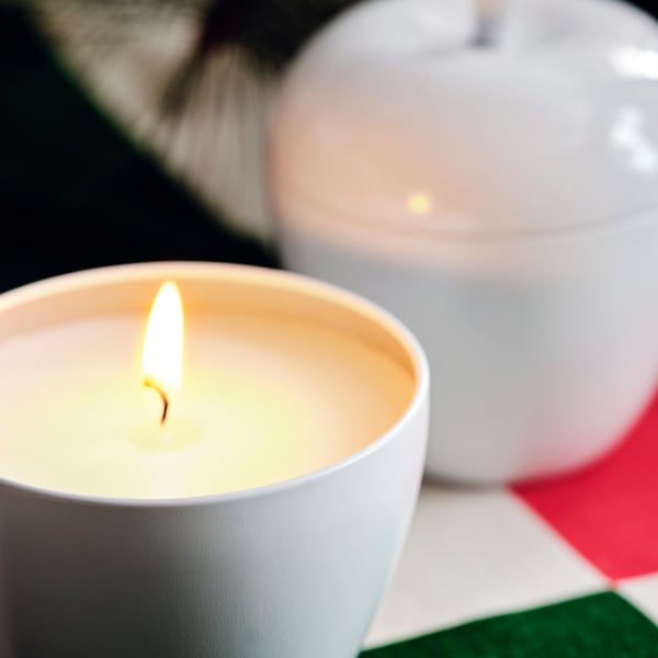 A lit candle in a white, apple-shaped container with a glowing flame and warm, inviting light; a cosy, vanilla-scented atmosphere.