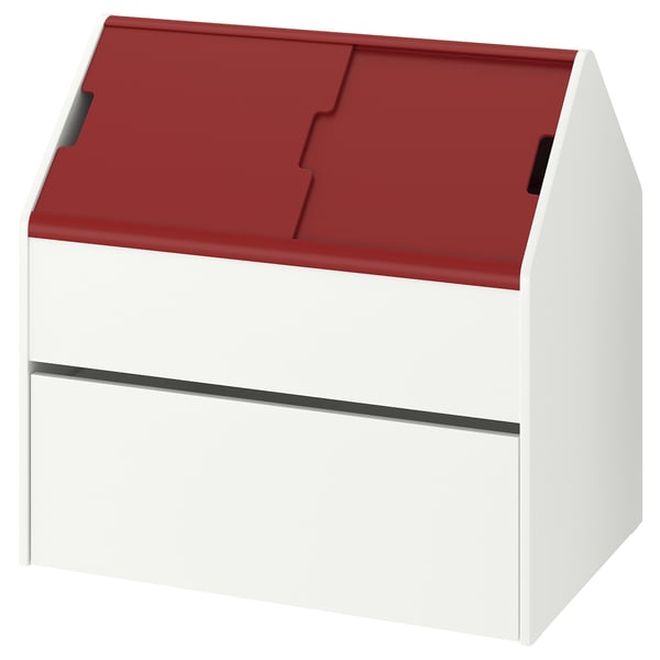 Small, white, red-roofed storage unit with a pull-out drawer, suitable for childrens toys and clothes. Colourful, practical design.