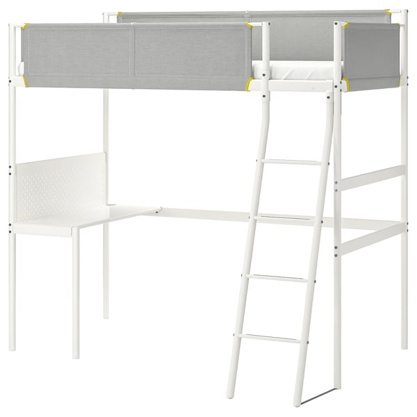 VITVAL white metal loft bed with desk and ladder, modern minimalist design for compact spaces.
