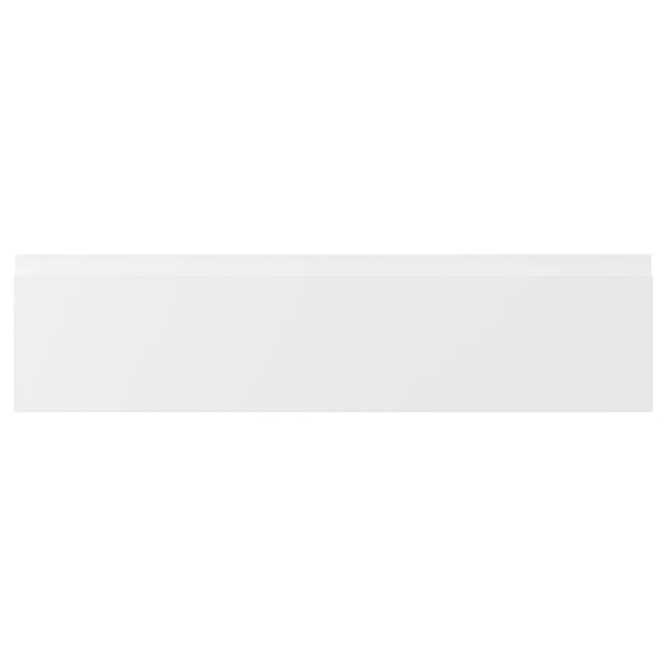 VOXTORP white kitchen cabinets with smooth, integrated handles and matte finish.