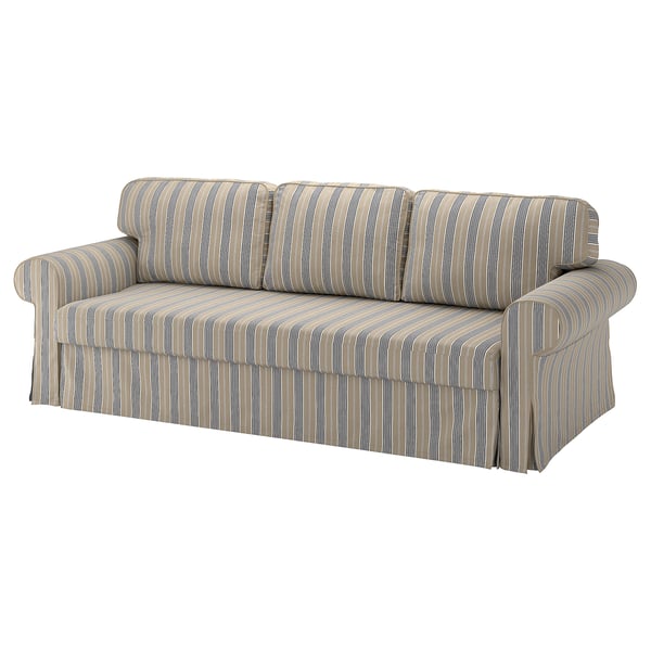 VRETSTORP sofa-bed, striped grey, rolled arms, converts easily.