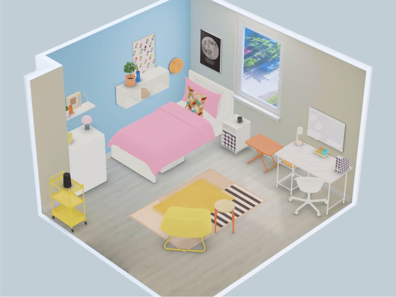 Dollhouse view of a blue, pink, yellow, and orange virtual dorm room in IKEA Kreativ. The room includes a MALM bed, nightstand, dresser, desk, wardrobe, chair, and table.