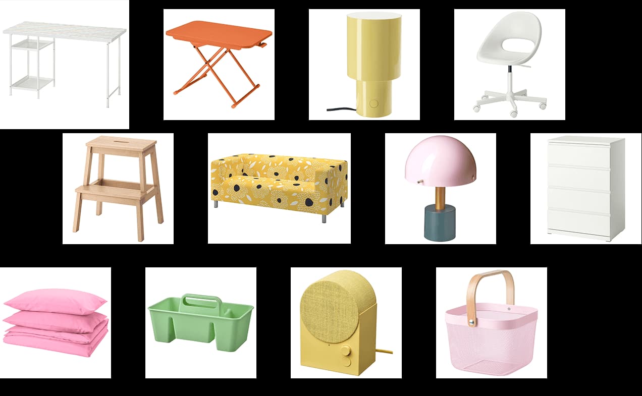 Stylish and colorful IKEA dorm decor product recommendations, including bedding, storage, desk organization, and lighting.