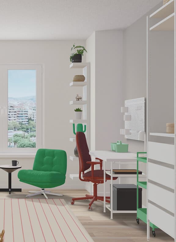 A virtual dorm room design in IKEA Kreativ with green side chair, red desk chair, white furniture, and a striped rug. A pegboard and shelving unit hang on the walls.