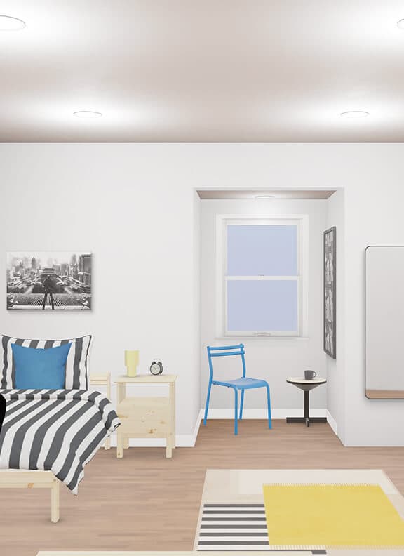 A virtual dorm room design in IKEA Kreativ with a bed topped with a striped duvet cover and a blue pillow. A patchwork rug, art on the walls, and a blue chair next to a side table.