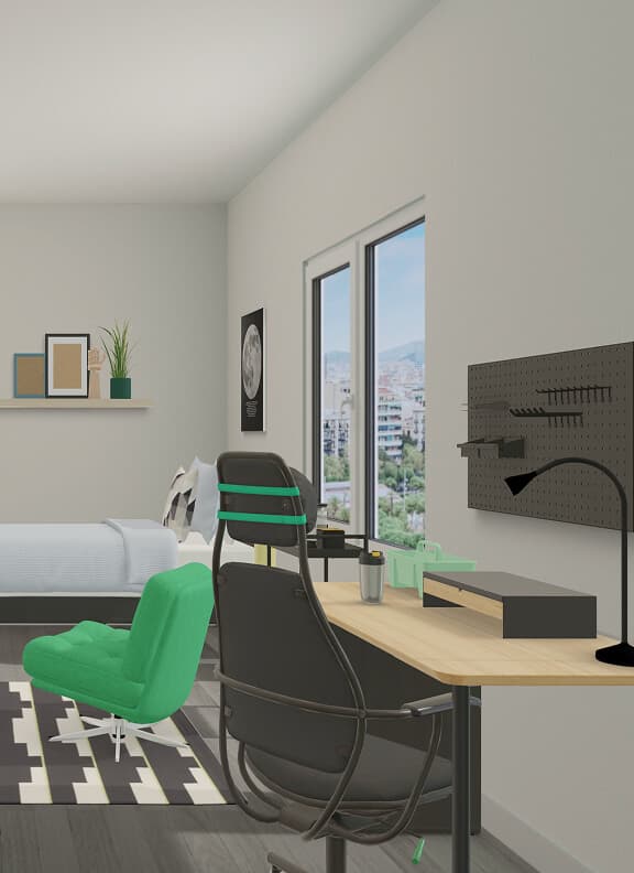 A virtual shared dorm room idea in IKEA Kreativ with a desk and chair near a window. A lounge chair and an area rug sit in front of a MALM bed with a blue duvet cover.