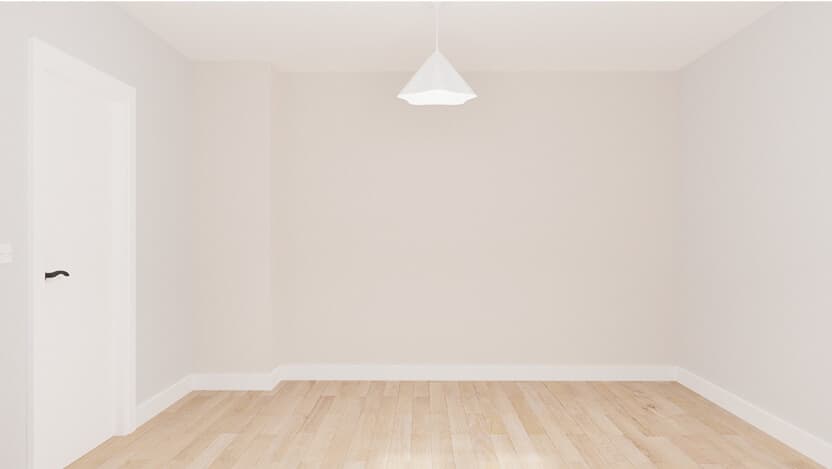 Empty virtual dorm room in IKEA Kreativ with light wood flooring, blush-colored walls, and a white pendant lamp hanging from the ceiling.