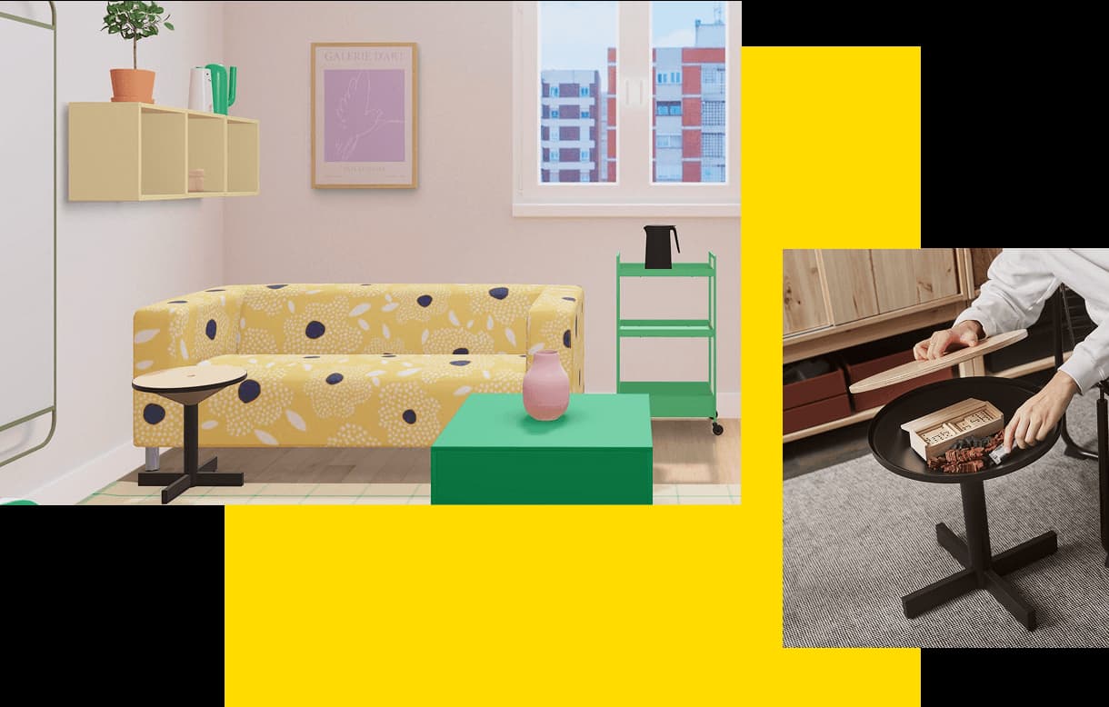 A virtual dorm room seating area in IKEA Kreativ with yellow loveseat, black side table, green coffee table. The top of the table is lifted to reveal hidden storage space.