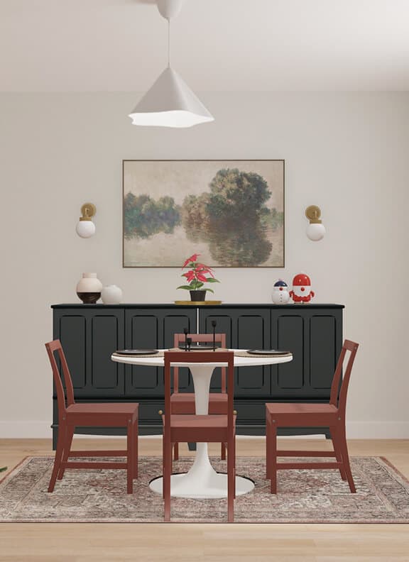 A virtual holiday dining room in IKEA Kreativ featuring red chairs, a white round table, and a black sideboard topped with Christmas décor.