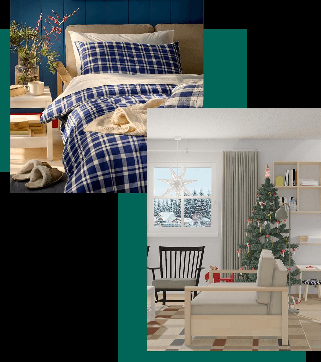 Sofa bed unfolded with blue and white checkered bedding. Right: Virtual holiday living room in IKEA Kreativ with a sofa bed and armchairs on a patterned rug, with a Christmas tree by the window.