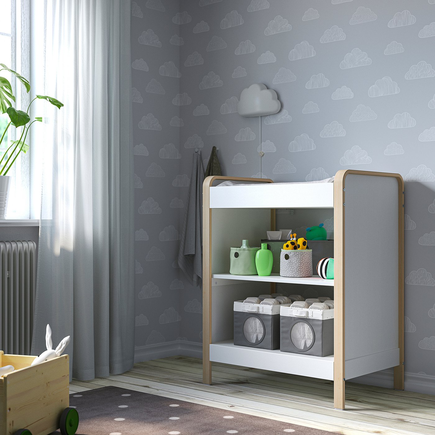 Birch changing table with shelves, baby items, scandi style