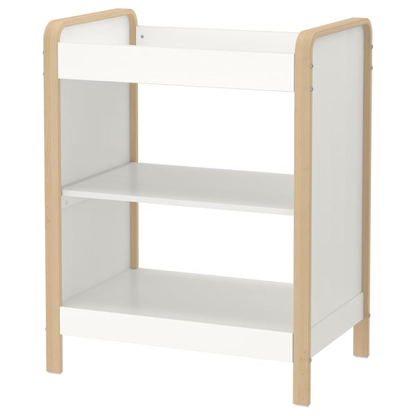 A white ÄLSKVÄRD changing table with light wood accents, featuring two shelves for storage.