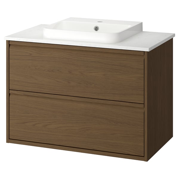 ÄNGSJÖN / BACKSJÖN Bathroom vanity w/ drawers and sink, brown oak effect/white marble effect, 37x21 1/2x28 1/4 "