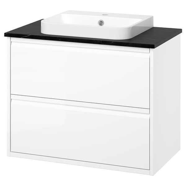 ÄNGSJÖN / BACKSJÖN Bathroom vanity w/ drawers and sink, high gloss white/black marble effect, 31x21 1/2x28 1/4 "