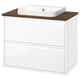 A white ÄNGSJÖN bathroom vanity with a wooden countertop and a square washbasin.
