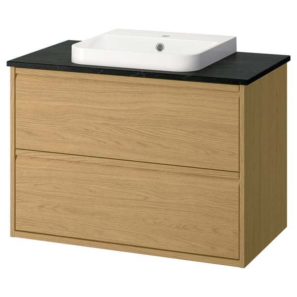 ÄNGSJÖN / BACKSJÖN Bathroom vanity w/ drawers and sink, oak effect/black marble effect, 37x21 1/2x28 1/4 "