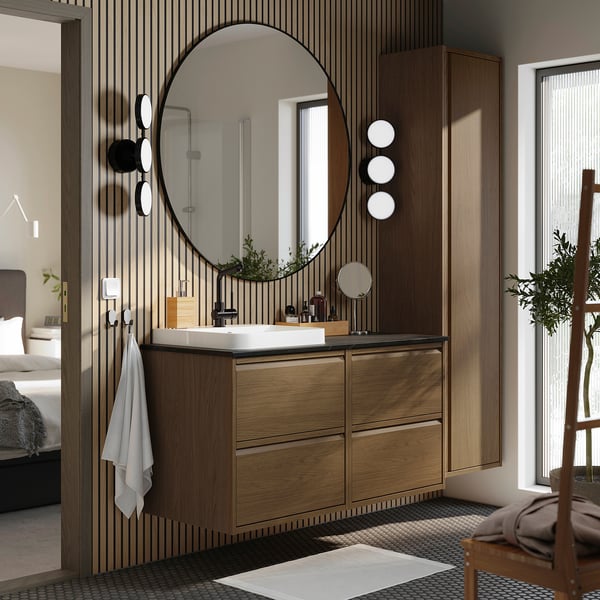 ÄNGSJÖN / BACKSJÖN Wash-stand/wash-basin, brown oak effect/black marble effect, 49x21 1/2x28 1/4 "