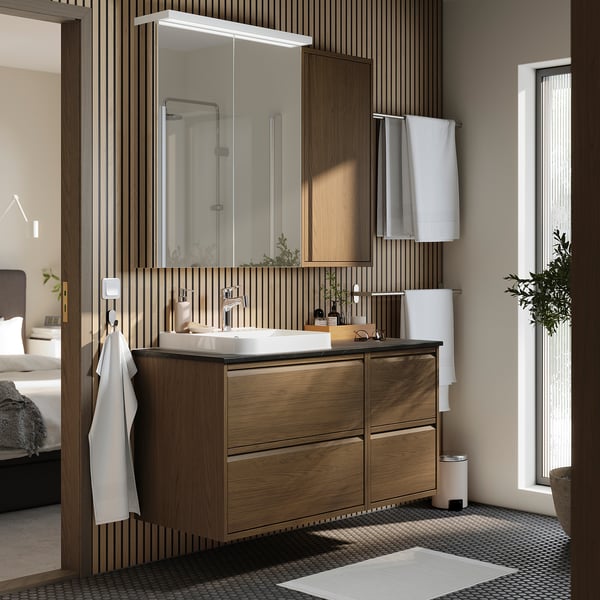 ÄNGSJÖN / BACKSJÖN Wash-stand/wash-basin, brown oak effect/black marble effect, 49x21 1/2x28 1/4 "