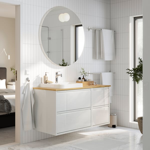ÄNGSJÖN / BACKSJÖN Wash-stand/wash-basin, high gloss white/bamboo, 49x21 1/2x28 1/4 "
